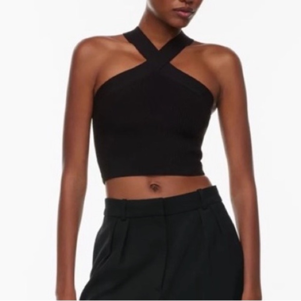Babaton Sculpt Knit Black Cross-Front Crop Top - Picture 1 of 8